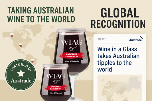 Wine in a Glass featured by Austrade – global recognition banner showing WIAG Shiraz glasses, a world map, and headline ‘Wine in a Glass takes Australian tipples to the world’.