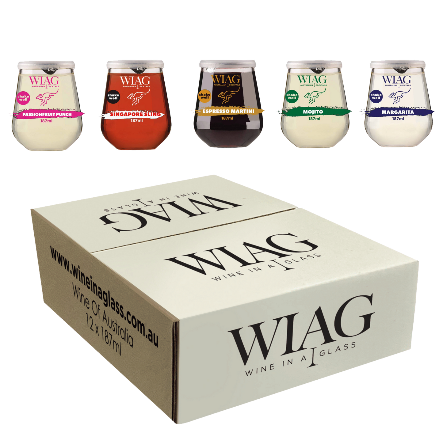 Wine in a Glass Mixed Cocktails 12 Pack – ready-to-drink fruit wine cocktails, including Mojito, Espresso Martini, Margarita, Singapore Sling, and Passionfruit Punch, 187ml cups, 14% ABV, Australian made.