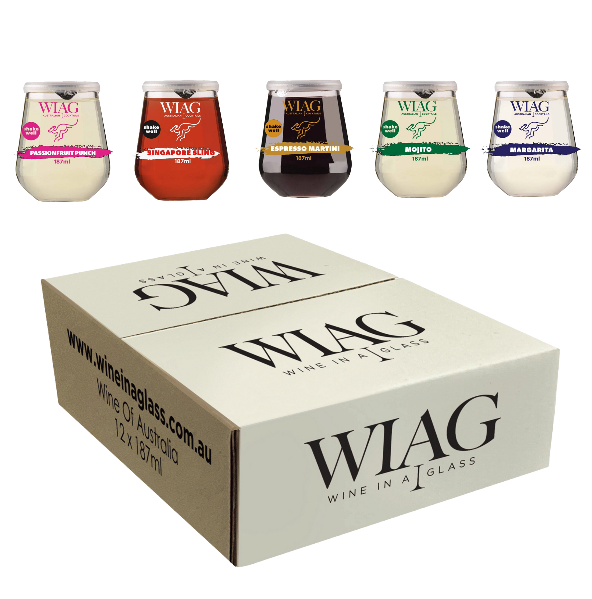 Wine in a Glass Mixed Cocktails 12 Pack – ready-to-drink fruit wine cocktails, including Mojito, Espresso Martini, Margarita, Singapore Sling, and Passionfruit Punch, 187ml cups, 14% ABV, Australian made.