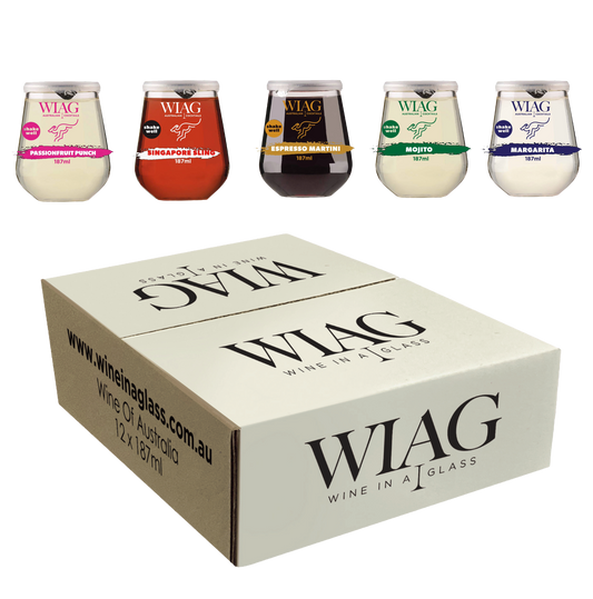 Wine in a Glass Mixed Cocktails 12 Pack – ready-to-drink fruit wine cocktails, including Mojito, Espresso Martini, Margarita, Singapore Sling, and Passionfruit Punch, 187ml cups, 14% ABV, Australian made.